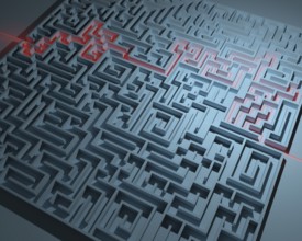 Labyrinth with red illuminated way through in blue ambiance