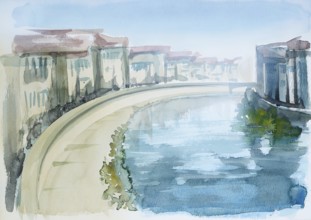 Watercolor painting showing a town in Tuscany at summer time