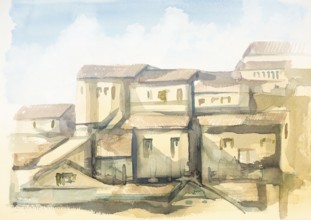 Watercolor painting showing a town in Tuscany at summer time