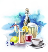 Watercolor illustration showing lots of various drinks in colorful back
