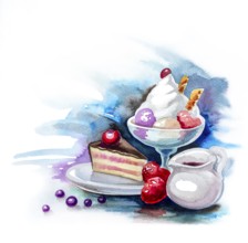 Watercolor illustration showing a cake and some ice cream and fruits in colorful back