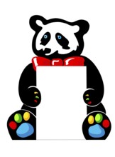 Funny illustration of a sitting colorful panda bear holding a white signboard