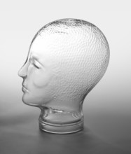 Profile shot of a generic human dummy head made of glass in gradient grey back, with clipping path