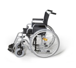 Studio photography of a empty wheelchair in white back with shadow