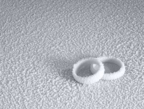 Studio photography of two frosted wedding rings in cold ambiance