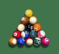 Cue sports scenery with billiard balls in green ambiance