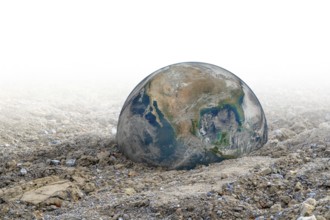 Big rusty metal ball in gradient gravel back