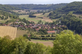 Aerial view showing a village named Baechlingen near Langenburg in Hohenlohe, a area in Southern