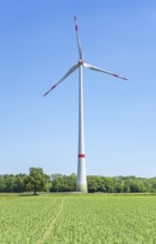Wind turbine in sunny rural landscape
