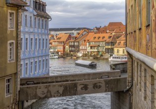 Idyllic riverside scenery in Bamberg, a town in Upper Franconia, Germany