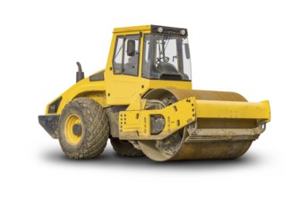 Yellow road roller isolated in white back with shadow