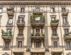 Historic ornamented house facade seen in La Spezia, a city in the southern part of the Liguria