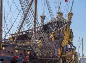 Detail of a historic sailing ship seen in Genoa, the capital of the italian region of Liguria