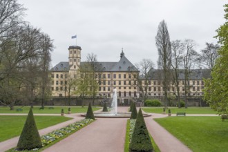 Park around a historic building named Stadtschloss in Fulda, a city in Hesse, Germany
