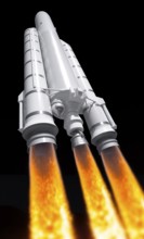 Model of a Ariane rocket with fire backblast in black back