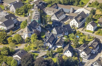 Aerial view, Heinsberg town centre and construction site and renovation work on the steeple of the