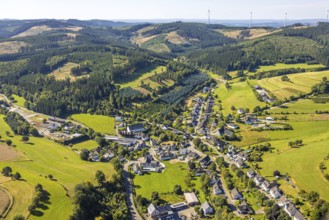Aerial view, residential area local view district Heinsberg with Schützenhalle, forest area with