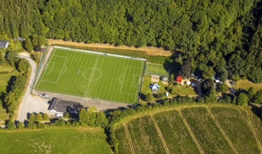 Aerial view, football stadium sports field Vor der Höh, SG Albaum/Heinsberg, sunshades in a meadow,
