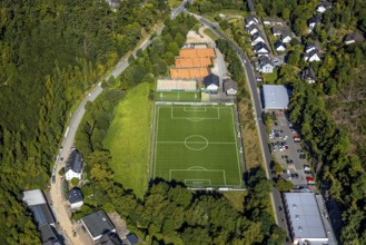 Aerial view, football stadium sports field FC Kirchhundem 1946 and tennis court TC Rot-Weiß
