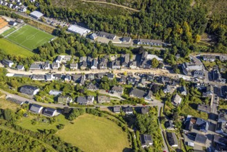 Aerial view, Hundemstraße road construction work with closure, football stadium sports field FC