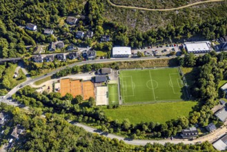 Aerial view, football stadium sports field and tennis court at Bahnhofsweg of FC Kirchhundem 1946 e