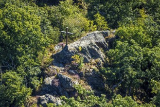Aerial view, Albaumer Klippen forest area with cross, Albaum, Kirchhundem, Sauerland, North