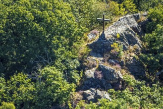Aerial view, Albaumer Klippen forest area with cross, Albaum, Kirchhundem, Sauerland, North
