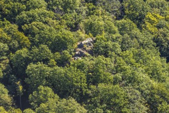 Aerial view, Albaumer Klippen forest area with cross, Albaum, Kirchhundem, Sauerland, North