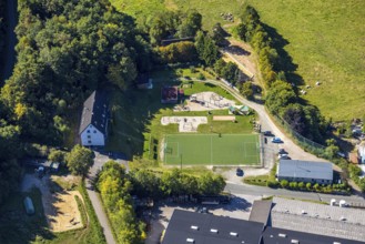 Aerial view, playground and sports field Albaumer Straße, Würdinghausen, Kirchhundem, Sauerland,