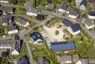 Aerial view, building yard construction site on the road Am Königsberg, Würdinghausen, Kirchhundem,
