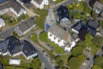 Aerial view, construction site and renovation work on the church tower of the Catholic parish