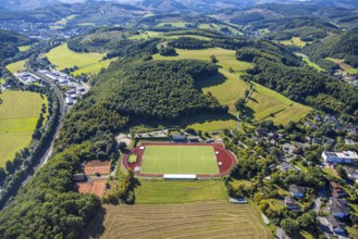 Aerial view, football stadium and athletics stadium, stadium at the Habuche and tennis court TC