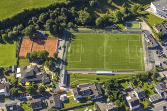 Aerial view, football stadium sports field SSV Elspe 1911 e.V. and tennis court TC Elspe, Elspe,