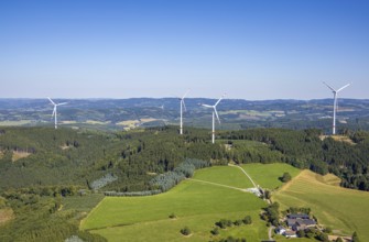 Aerial photo, wind turbines in the forest area NSG Beremker Siepen near Halberbracht, Lennestadt,