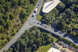 Aerial view, road traffic and Johannes bridge of the federal road B55 over the river Lenne, Bernard