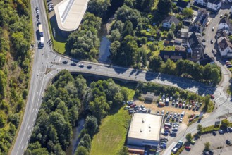 Aerial view, road traffic and Johannesbrücke of the federal road B55 over the river Lenne,