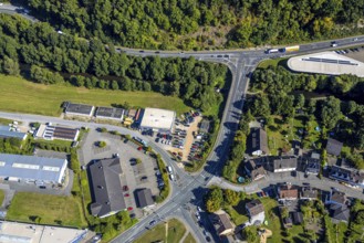 Aerial view, road traffic and Johannesbrücke of the federal road B55 over the river Lenne,