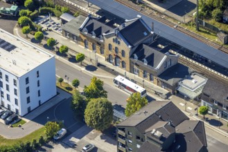 Aerial view, Grevenbrück station and station building, Lennestadt, Sauerland, North