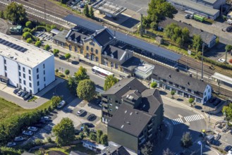 Aerial view, Grevenbrück station and station building, Lennestadt, Sauerland, North
