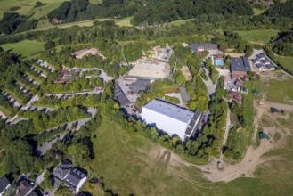 Aerial view, Elspe-Festival-Gelände Karl-May Festspiele mit Naturbühne und Festivalhalle, Elspe,