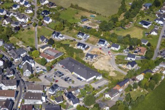 Aerial view, construction site with new construction residential area single-family houses