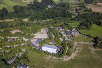 Aerial view, Elspe-Festival-Gelände Karl-May Festspiele mit Naturbühne und Festivalhalle, Elspe,