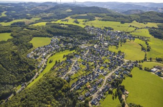 Aerial view, residential area, view of Halberbracht district, wooded hilly landscape with distant