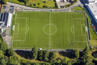 Aerial view, training match on the sports field football stadium Zur Lehmkuhle of FC 1919