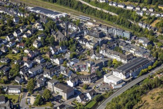 Aerial view, residential area Altenhundem with town hall Thomas-Morus-Platz, police station