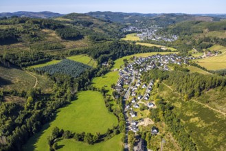 Aerial view, residential area local view district Kickenbach, forest with forest damage, view to