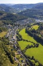 Aerial view, residential area, view of the district of Langenei in the Fredeburger Straße valley in