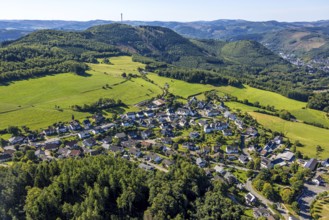 Aerial view, residential area, view of Halberbracht district with wooded hilly landscape and forest