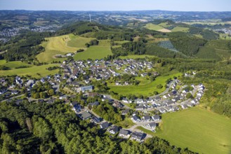 Aerial view, residential area, view of Halberbracht district with wooded hilly landscape, wind