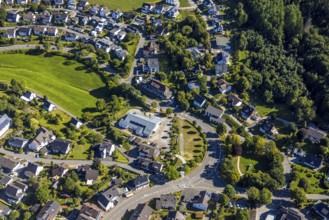 Aerial view, residential area and shooting hall Halberbracht, Lennestadt, Sauerland, North